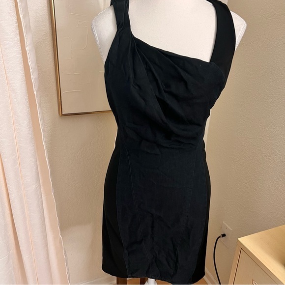 HELMUT LANG Asymmetrical Pleated‎ Denim Cutout Dress In Blue and Black Size 4 - Picture 1 of 12